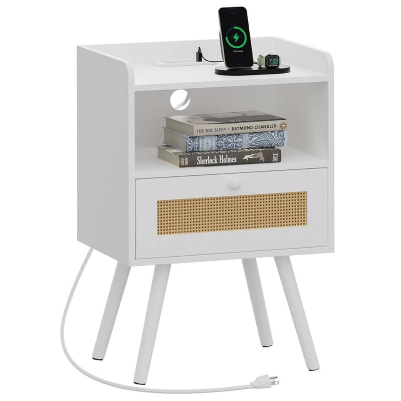 SUPERJARE Nightstand with Charging Station  RattanLike Decor Drawer Rattan End Table with Solid Wood Feet Bed Side Table with Open Storage for Bedroom Living Room Dormitory  White
