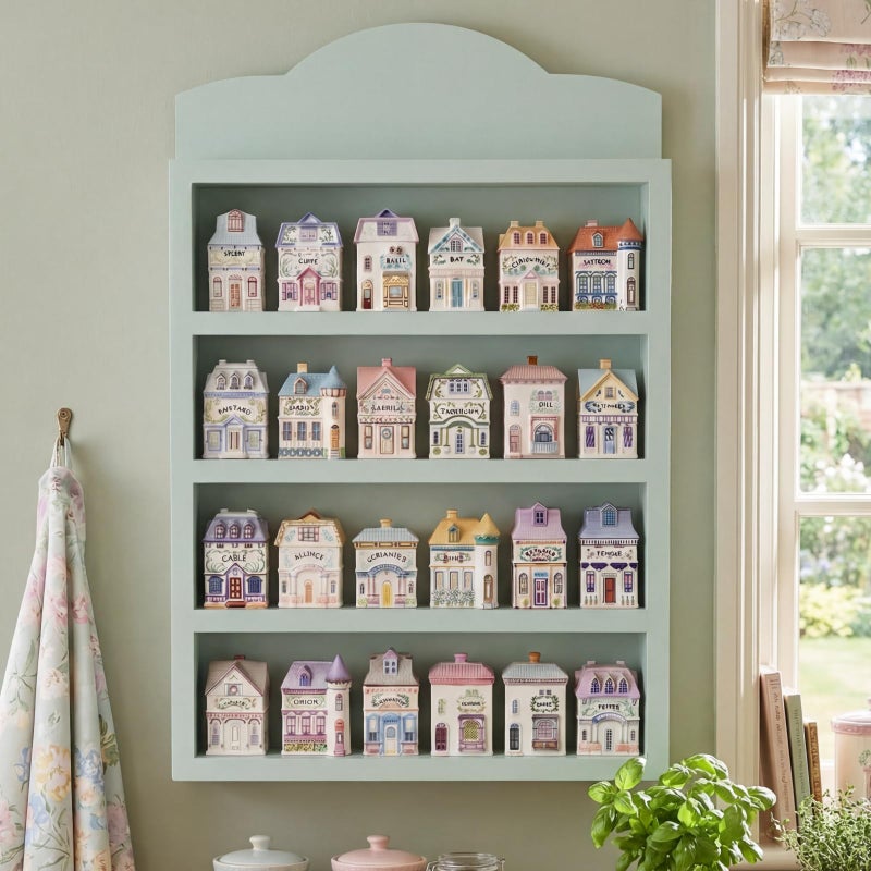 Chunful Vintage Spice Village Wooden Rack 22 x 17 x 4 Inches Green Display Rack with 4 Shelves for Wall Mounting Kitchen Storage Spice Village Display Shelf for 24 Jars, Shelf Only - Image 1