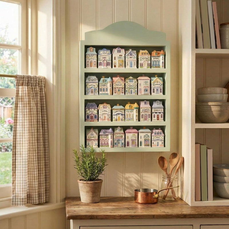 Chunful Vintage Spice Village Wooden Rack 22 x 17 x 4 Inches Green Display Rack with 4 Shelves for Wall Mounting Kitchen Storage Spice Village Display Shelf for 24 Jars, Shelf Only - Image 4