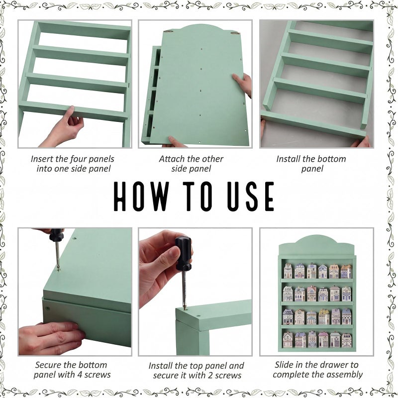 Chunful Vintage Spice Village Wooden Rack 22 x 17 x 4 Inches Green Display Rack with 4 Shelves for Wall Mounting Kitchen Storage Spice Village Display Shelf for 24 Jars, Shelf Only - Image 3
