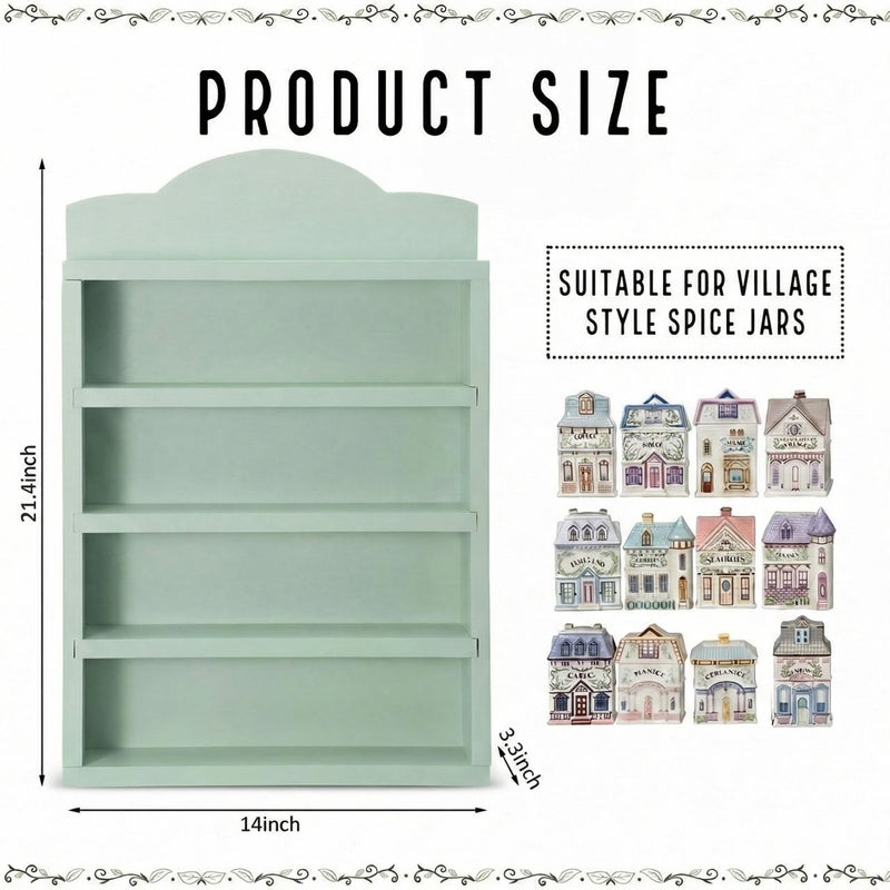 Chunful Vintage Spice Village Wooden Rack 22 x 17 x 4 Inches Green Display Rack with 4 Shelves for Wall Mounting Kitchen Storage Spice Village Display Shelf for 24 Jars, Shelf Only - Image 2