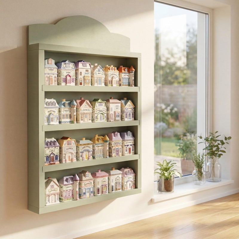 Chunful Vintage Spice Village Wooden Rack 22 x 17 x 4 Inches Green Display Rack with 4 Shelves for Wall Mounting Kitchen Storage Spice Village Display Shelf for 24 Jars, Shelf Only - Image 5