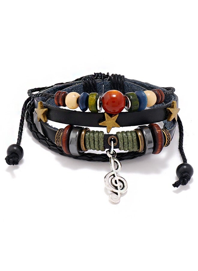 بيوند سوار جلدي مطرز بالنوتات الموسيقية، سوار أصلي للرجال من الفولاذ المقاوم للصدأ (بني) - Image 1