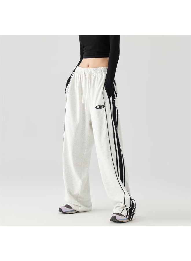 Golfcross Couple's Style, Side Contrast Striped Tape, Loose Straight-leg Floor-length, Draping Casual Pants, White Floral Gray, L - Image 1