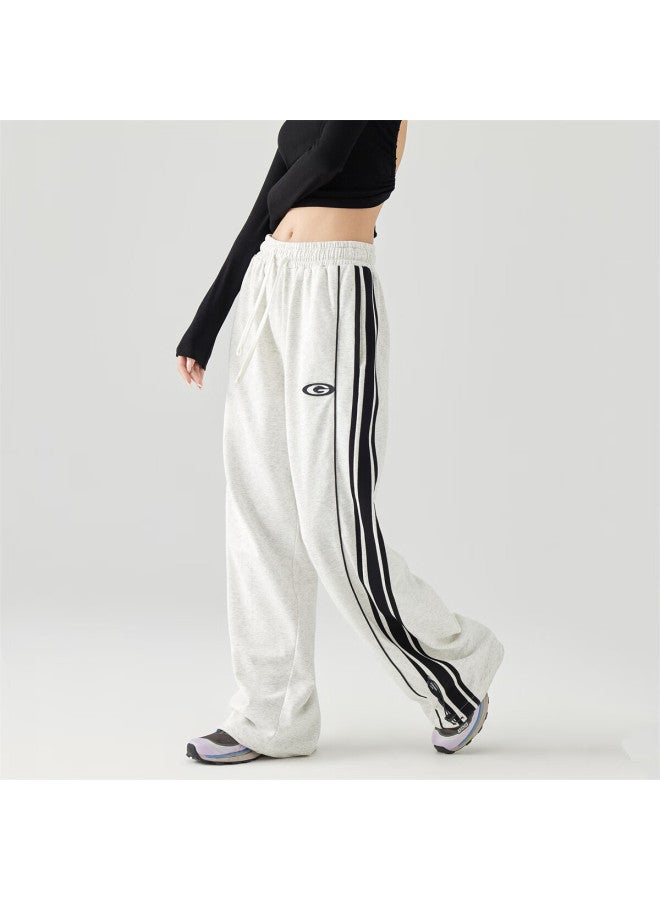 Golfcross Couple's Style, Side Contrast Striped Tape, Loose Straight-leg Floor-length, Draping Casual Pants, White Floral Gray, L - Image 3