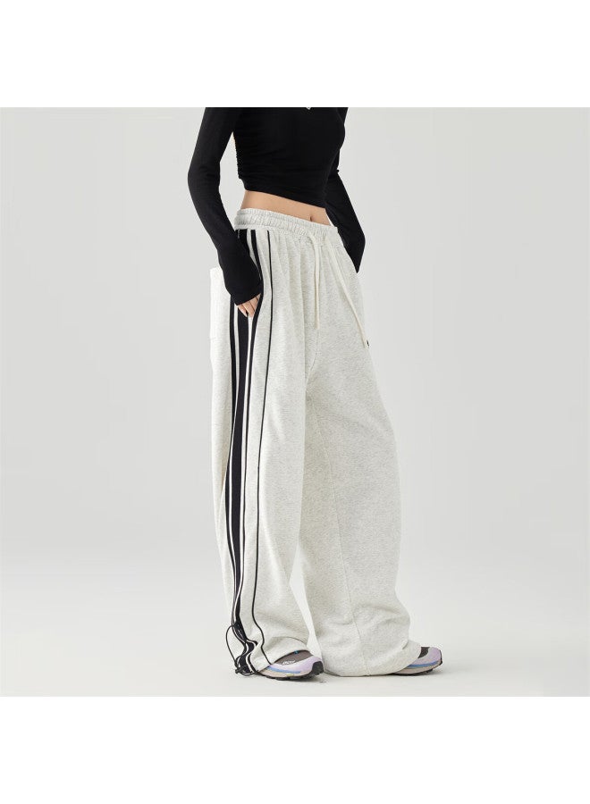 Golfcross Couple's Style, Side Contrast Striped Tape, Loose Straight-leg Floor-length, Draping Casual Pants, White Floral Gray, L - Image 4