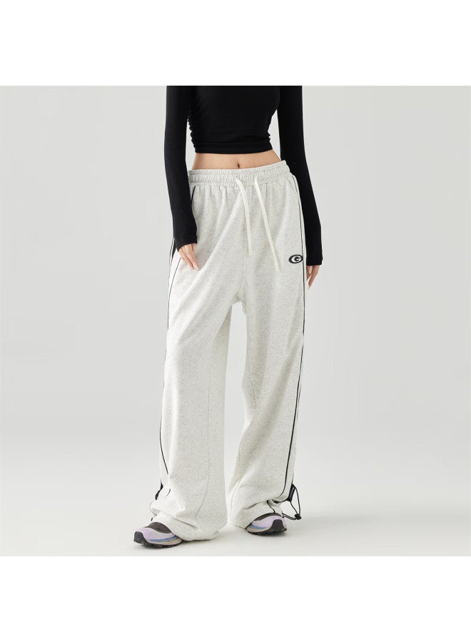 Golfcross Couple's Style, Side Contrast Striped Tape, Loose Straight-leg Floor-length, Draping Casual Pants, White Floral Gray, L - Image 2