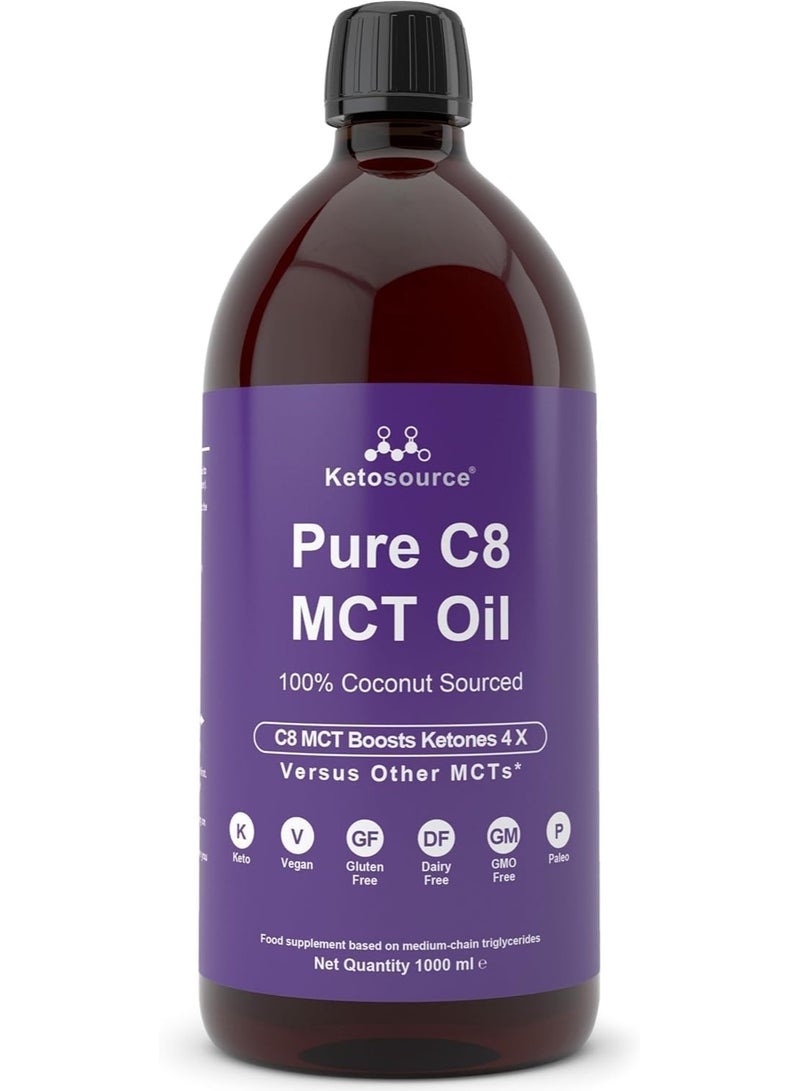 زيت MCT نقي ممتاز C8 | يزيد الكيتونات 3 مرات أكثر من MCTs الأخرى | أعلى نقاء 99.8% | مناسب للنباتيين والكيتو | خالي من الغلوتين والألبان | زجاجة بلاستيكية 1000 مل خالية من BPA | حمض الكابريليك | كيتوسورس®