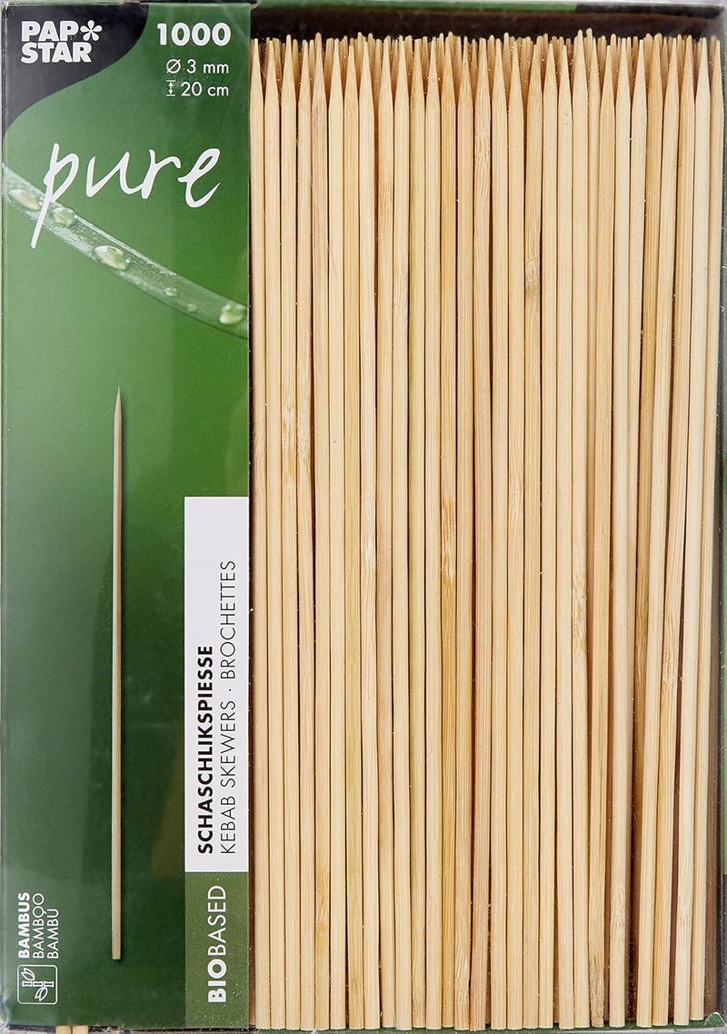PAPSTAR Kebab Skewers/Wooden Skewers (Pack of 1000) 20 cm Diameter 0.3 cm Natural Wooden Bamboo Skewers One Side Pointed Flat Side for Gripping Parties/BBQs in Cardboard Box #16658 - Image 1