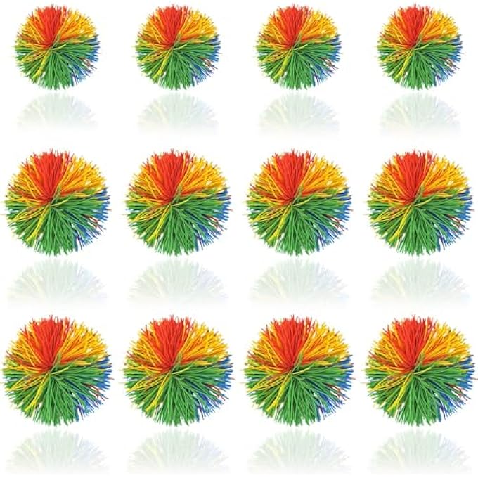WYOMER 12 Pack Monkey Stringy Sensory Fidget Balls - Latex-Free Silicone Stress Relief Toys in 3 Sizes with Rainbow Pom - Image 1