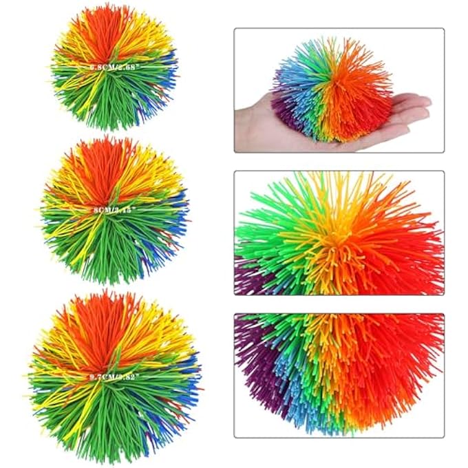 WYOMER 12 Pack Monkey Stringy Sensory Fidget Balls - Latex-Free Silicone Stress Relief Toys in 3 Sizes with Rainbow Pom - Image 2