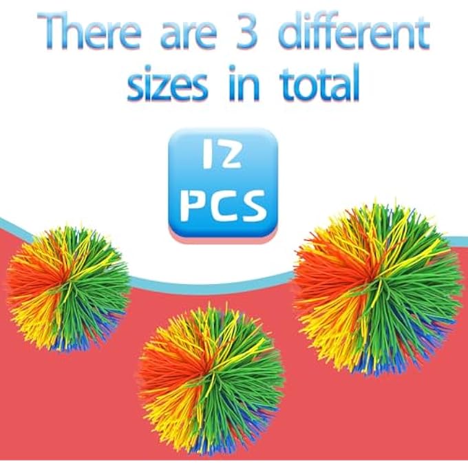 WYOMER 12 Pack Monkey Stringy Sensory Fidget Balls - Latex-Free Silicone Stress Relief Toys in 3 Sizes with Rainbow Pom - Image 3