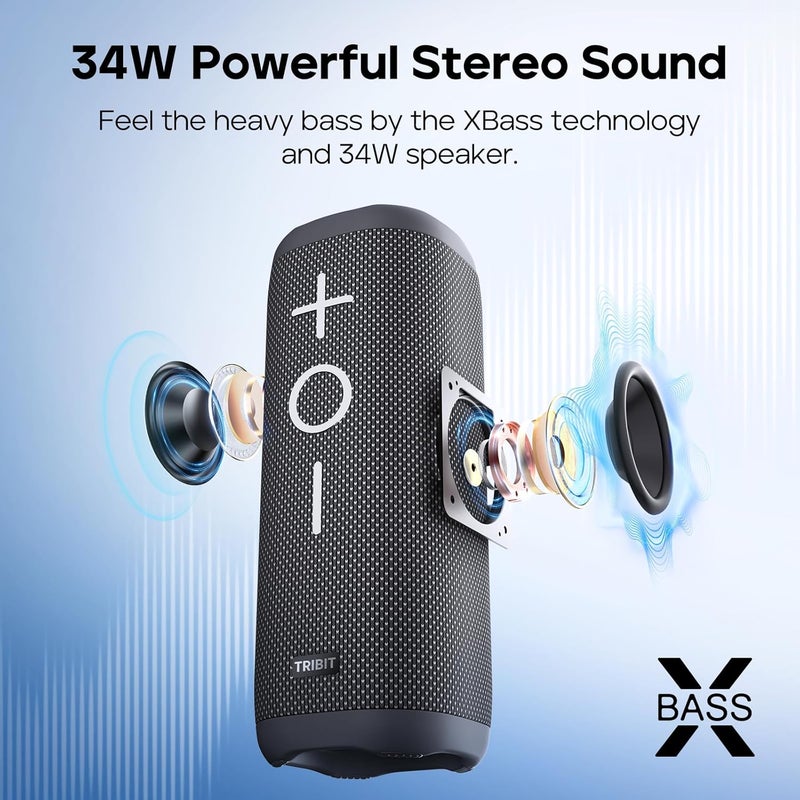 تريبيت مكبر صوت Tribit StormBox 2 بتقنية البلوتوث، قوة 34 واط، صوت محيطي 360 درجة، تقنية XBass، وقت تشغيل يصل إلى 24 ساعة، مقاوم للماء (معيار IPX7)، بلوتوث 5.3، مكبر صوت لاسلكي محمول قابل للتوصيل عبر تقنية TWS، مناسب للاستخدام في الهواء الطلق. - Image 4