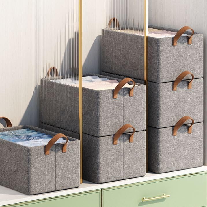 JUZR JUZR Foldable Steel Shelf Clothes Organizer Wardrobe Pants Jeans Storage Box Portable Sweater Storage Organizers Fabric Grey  - Image 3