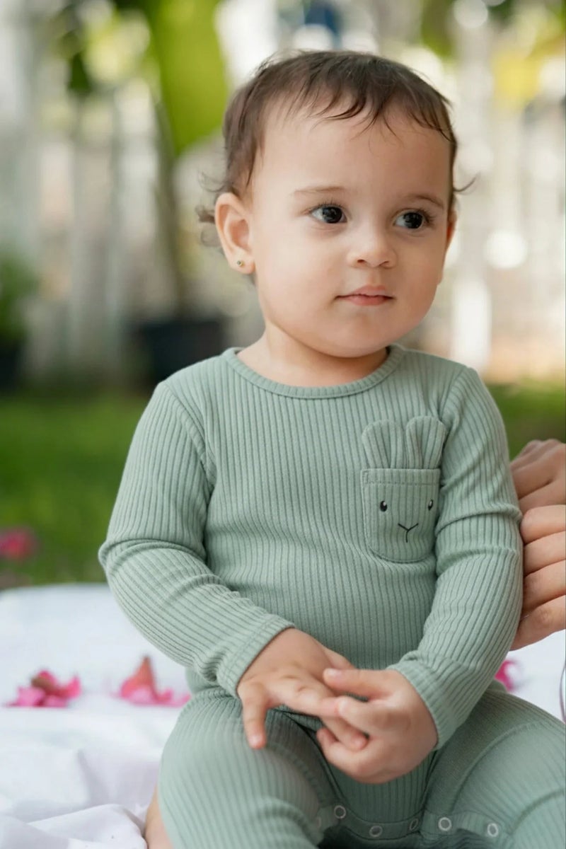 CrocoDodo Baby unisex Cotton Footless Onesie – Mint with Rabbit Design - Image 3