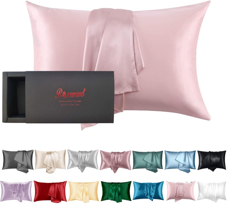 ROSEWARD Real Satin Pillowcase for Hair and Skin Made in USA  Pure 22 Momme Silk Pillow Cases King with Zipper  100% Mulberry Silk  Organic  Wrinkle Free  Anti Acne  1 Pc 20""x36"" (King  Pink) - Image 1