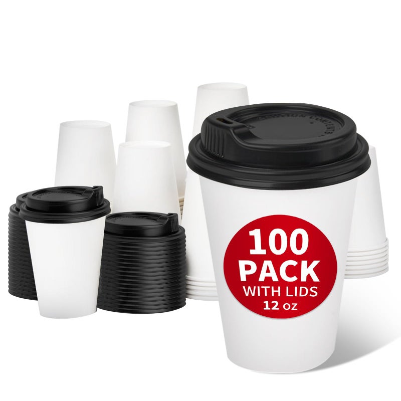 RACETOP 100 Pack 12 oz Disposable Paper Coffee Cups with Lids, Paper Cups with Lids 12 oz, Hot Cups for Home/Office - Image 1