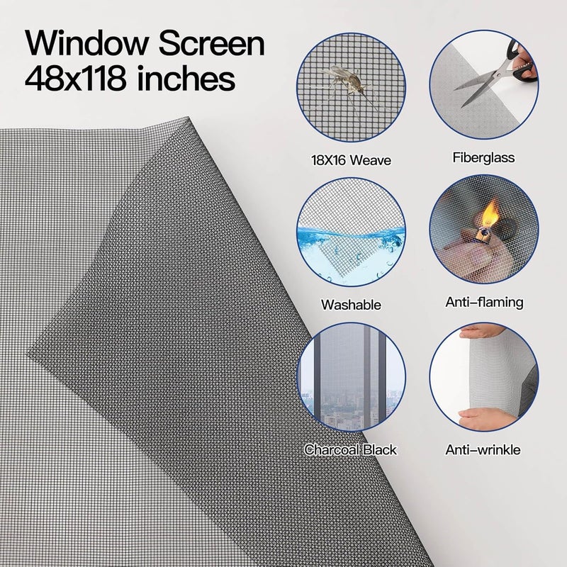 Yolovit طقم استبدال شبكة باب الشاشة مع جميع الأدوات بما في ذلك شاشات النوافذ 48"x117"، أسطوانة الشاشة، سبلين، خطاف السبلين - Image 2