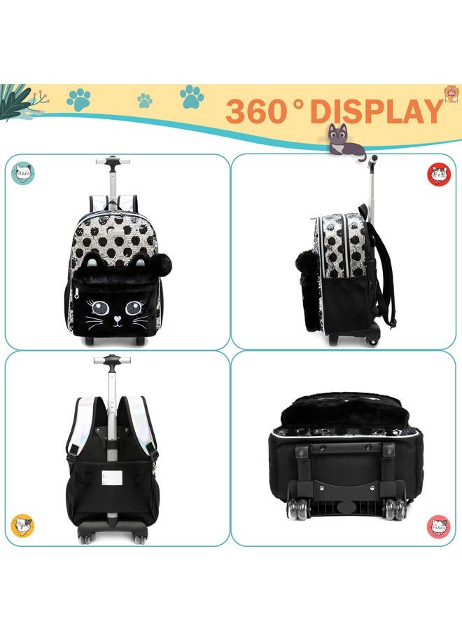 Meetbelify Kids Rolling Backpack for Girls Cute Sequin Cat Backpacks with Wheels for Elementary Students with Lunch Box for Girls - Image 3