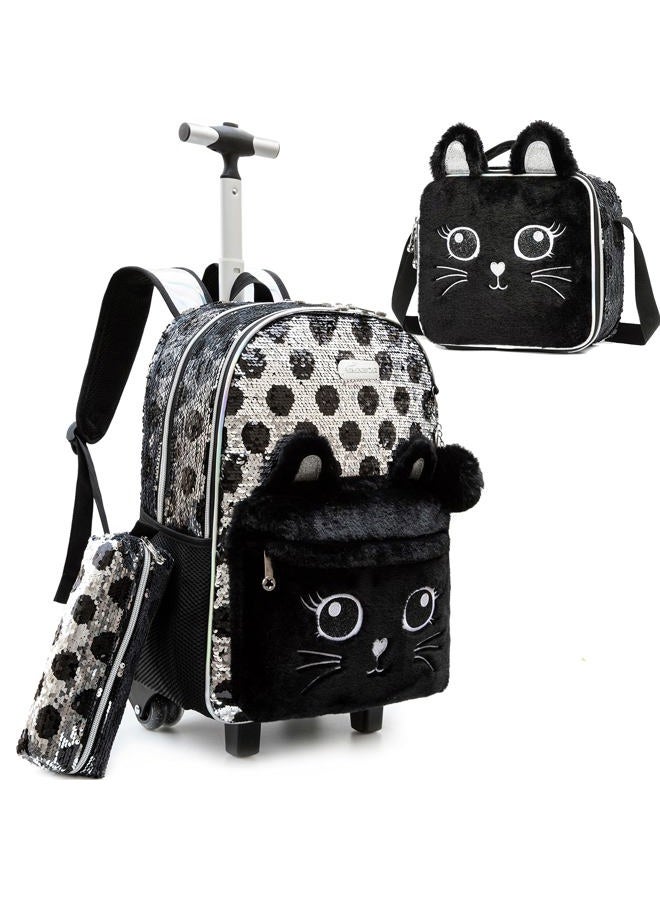 Meetbelify Kids Rolling Backpack for Girls Cute Sequin Cat Backpacks with Wheels for Elementary Students with Lunch Box for Girls - Image 1