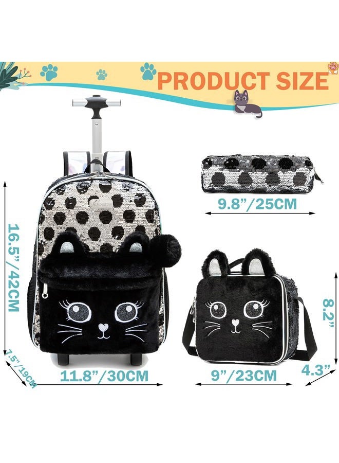 Meetbelify Kids Rolling Backpack for Girls Cute Sequin Cat Backpacks with Wheels for Elementary Students with Lunch Box for Girls - Image 2
