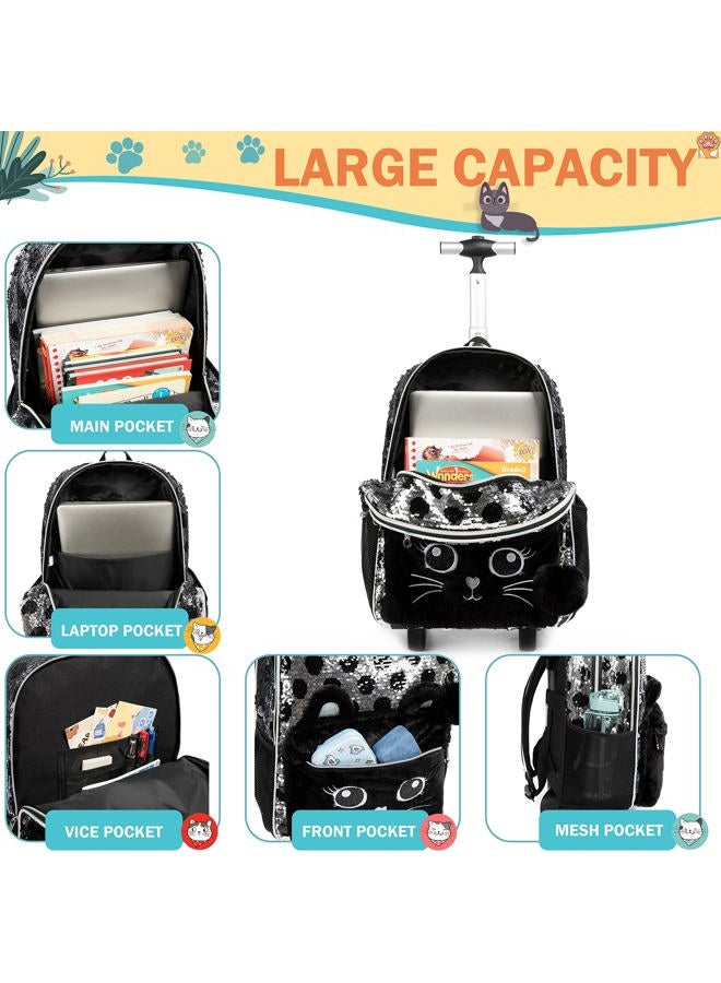 Meetbelify Kids Rolling Backpack for Girls Cute Sequin Cat Backpacks with Wheels for Elementary Students with Lunch Box for Girls - Image 4