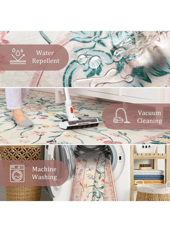 Morebes Pink Floral 8x10 Washable Rug for Living Room, Cute Large Area Rugs for Girls Bedroom Non Slip, Soft Low Pile Indoor Carpet for Nursery Playroom Kids Dining (Pink 8'x10') - Image 4