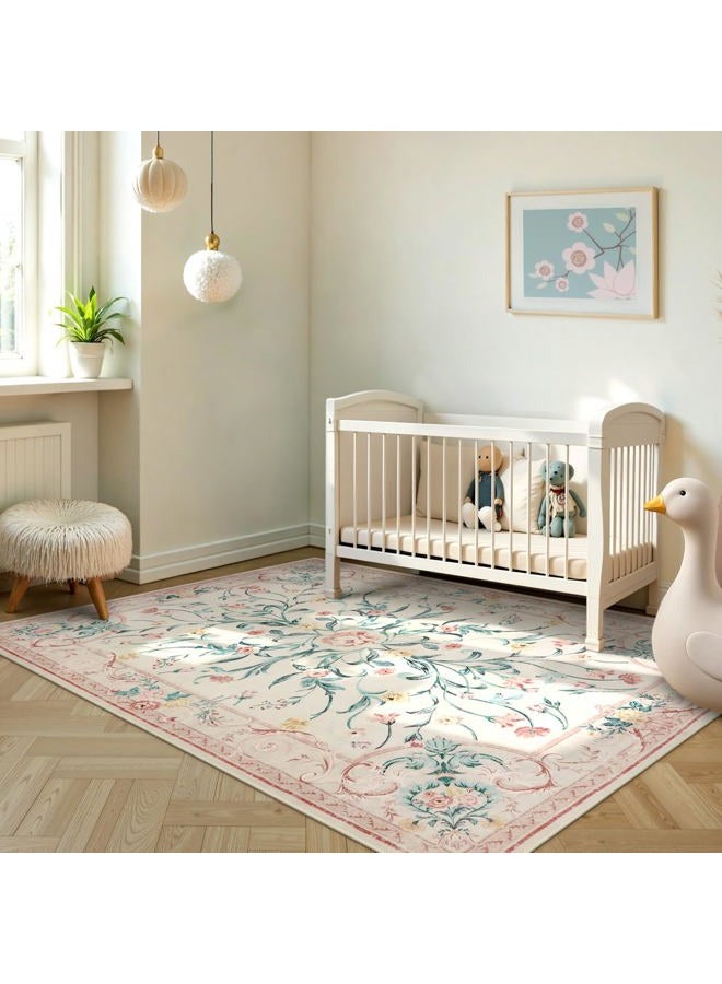 Morebes Pink Floral 8x10 Washable Rug for Living Room, Cute Large Area Rugs for Girls Bedroom Non Slip, Soft Low Pile Indoor Carpet for Nursery Playroom Kids Dining (Pink 8'x10') - Image 3