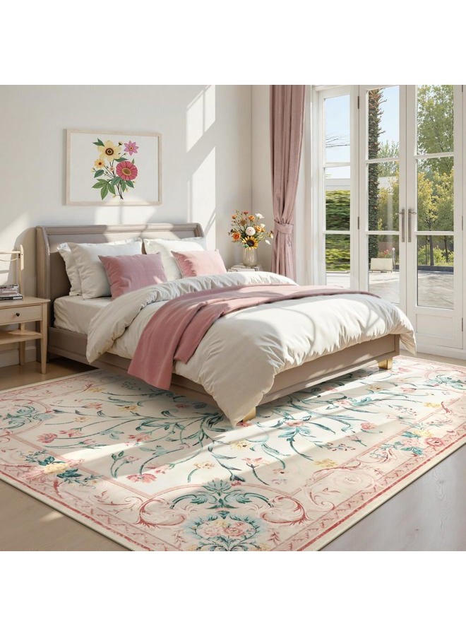 Morebes Pink Floral 8x10 Washable Rug for Living Room, Cute Large Area Rugs for Girls Bedroom Non Slip, Soft Low Pile Indoor Carpet for Nursery Playroom Kids Dining (Pink 8'x10') - Image 2