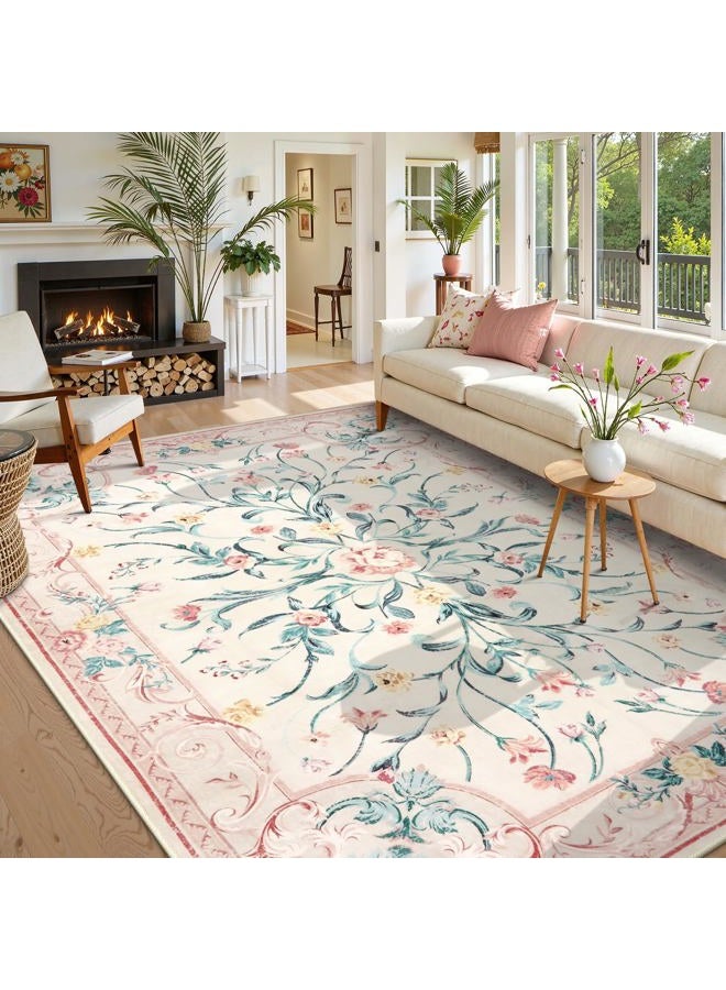 Morebes Pink Floral 8x10 Washable Rug for Living Room, Cute Large Area Rugs for Girls Bedroom Non Slip, Soft Low Pile Indoor Carpet for Nursery Playroom Kids Dining (Pink 8'x10') - Image 1