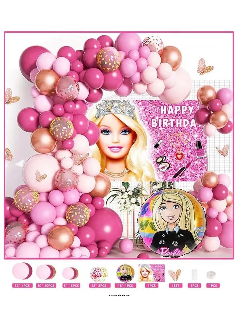 Barbie Doll Birthday Decoration Girl Balloon Garland Arch Kit with Background Poster Birthday Cake Decoration White Blue Purple Colorful Foil Balloon Princess Party Balloon - Image 1