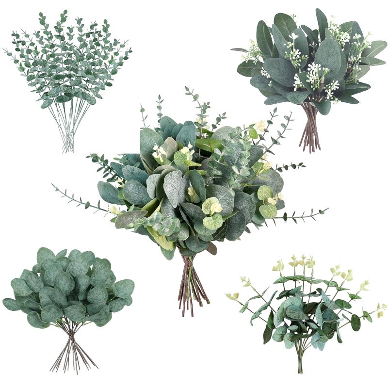 AUMVEYI 40 Pcs 4 Kinds Artificial Eucalyptus Leaves Stems Bulk, Fake Eucalyptus Greenery Picks, Mixed Faux Green Stems Leaves Decoration for Wedding Vase Bouquet Floral Arrangement - Image 1
