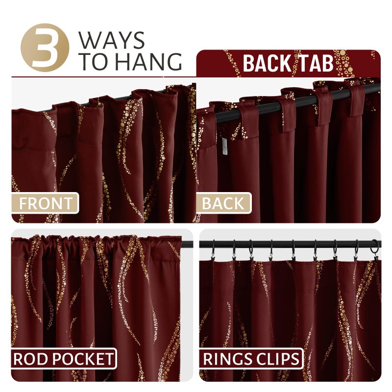 Yakamok Blackout Curtains 84 inch Length Living Room Thermal Insulated Gold Wave Line Dots Pattern Curtains Room Darkening Back Tab Curtains for Bedroom, Burgundy, W52 x L84-inch, 2 Panels - Image 5