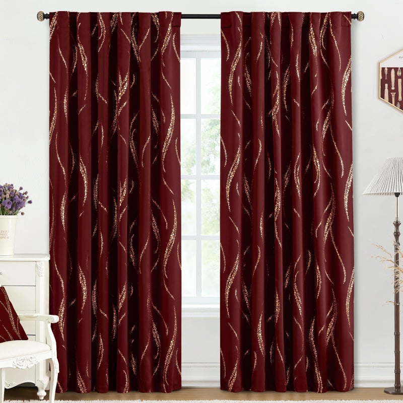 Yakamok Blackout Curtains 84 inch Length Living Room Thermal Insulated Gold Wave Line Dots Pattern Curtains Room Darkening Back Tab Curtains for Bedroom, Burgundy, W52 x L84-inch, 2 Panels - Image 1