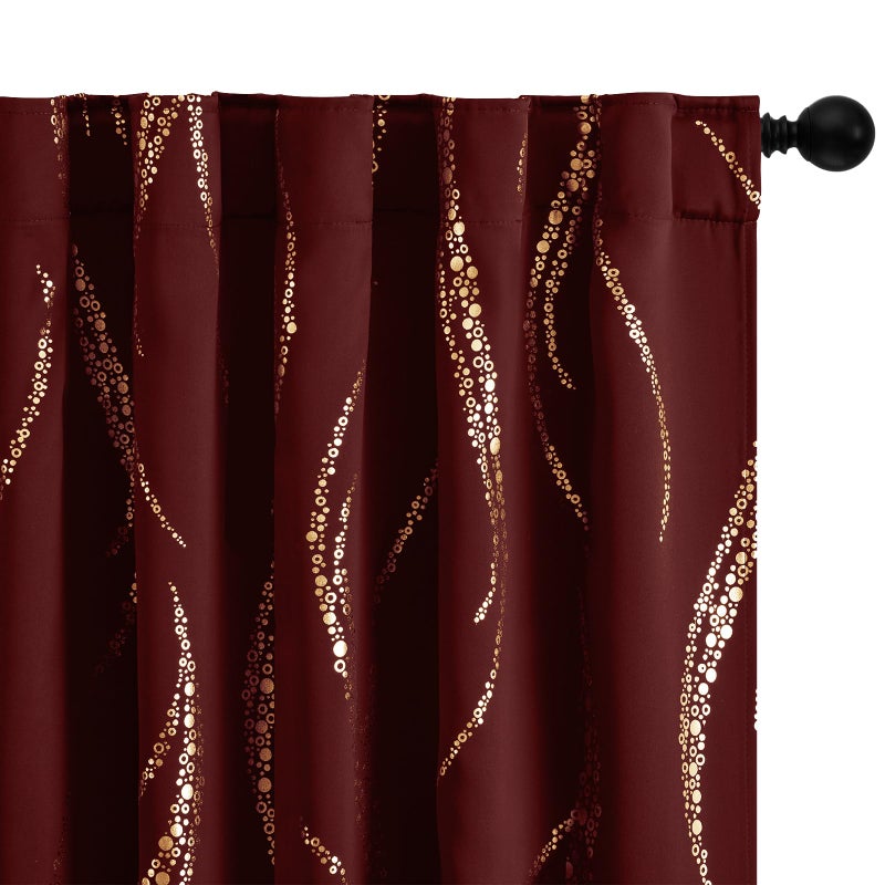 Yakamok Blackout Curtains 84 inch Length Living Room Thermal Insulated Gold Wave Line Dots Pattern Curtains Room Darkening Back Tab Curtains for Bedroom, Burgundy, W52 x L84-inch, 2 Panels - Image 4