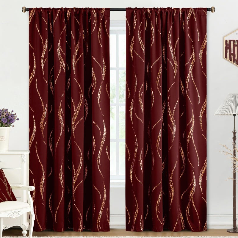 Yakamok Blackout Curtains 84 inch Length Living Room Thermal Insulated Gold Wave Line Dots Pattern Curtains Room Darkening Back Tab Curtains for Bedroom, Burgundy, W52 x L84-inch, 2 Panels - Image 3