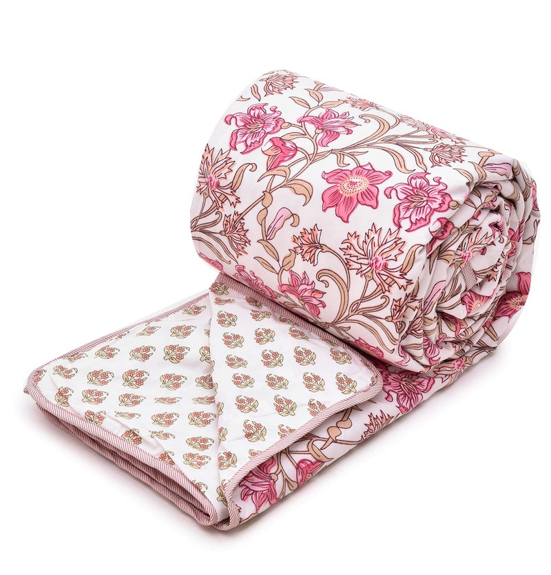 RRC Double Bed Dohar Blanket, 213x243 cm, 150 GSM Microfiber Cotton, White & Pink Leaf Reversible Design, Lightweight Summer Quilt & AC Blanket, Ideal for Gifting - Image 2