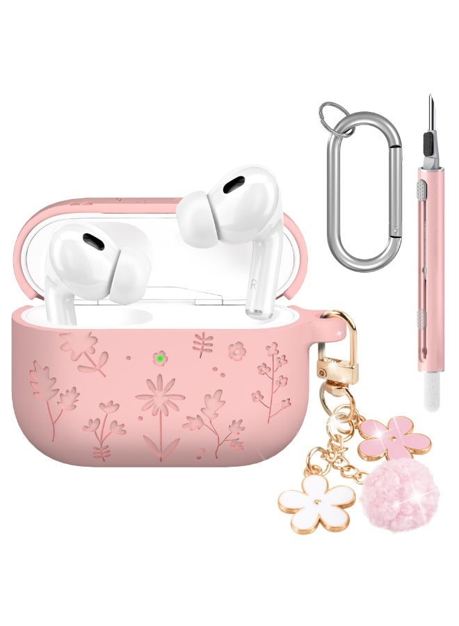 Arabest AirPods Pro 3 Case Cute with Cherry Blossom Keychain and Cleaning Kit, Soft Silicone Shockproof Flower Engraved Cover Compatible with AirPod Pro 3 Case Cover - Image 1