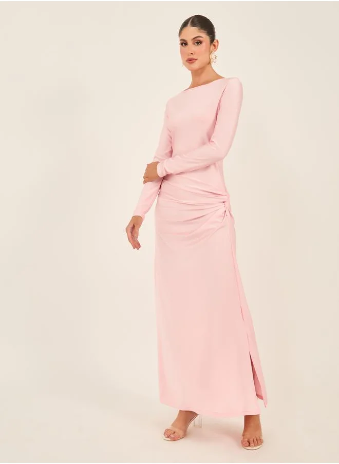 Styli Solid Front Twist Detail Long Sleeves A-Line Maxi Dress