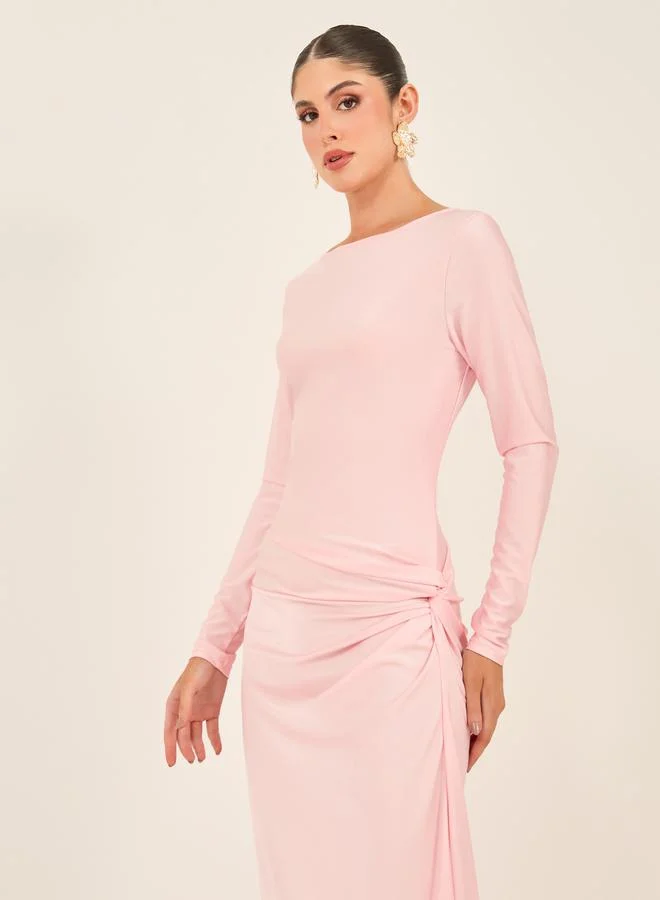 Styli Solid Front Twist Detail Long Sleeves A-Line Maxi Dress