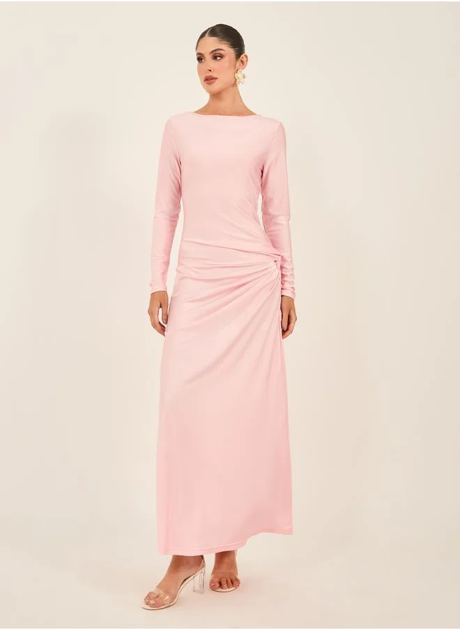 Styli Solid Front Twist Detail Long Sleeves A-Line Maxi Dress