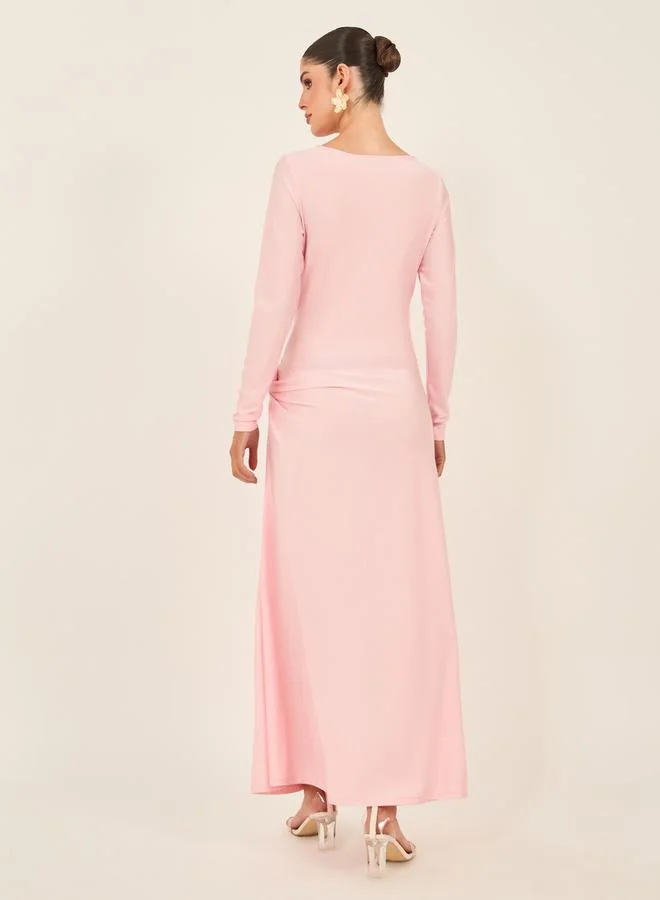 Styli Solid Front Twist Detail Long Sleeves A-Line Maxi Dress
