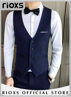 RIOXS Men's Classic Solid Suit Vest with 4 Buttons, Regular Fit Tuxedo Waistcoat, Business Sleeveless Waistcoats, Slim Fit Blazer Vest with Single Breasted, Button Closure and Adjustable Back Straps, Suitable for Both Formal and Casual Occasions  - Image 2