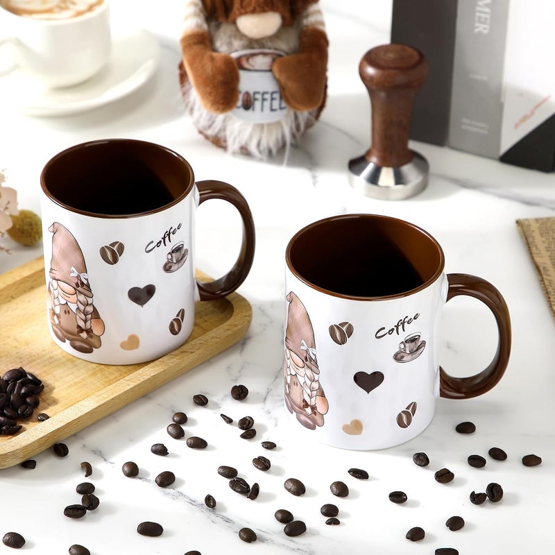 Funnymoom 2 Pack Ceramic Gnome Coffee Mugs with Handles 12 oz Gnome Cups Gifts for Gnome Lovers for for Latte Hot Tea Cappuccino Mocha CocoaBrownWhiteCoffee Theme - Image 5