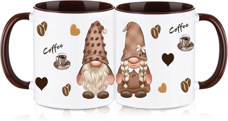 Funnymoom 2 Pack Ceramic Gnome Coffee Mugs with Handles 12 oz Gnome Cups Gifts for Gnome Lovers for for Latte Hot Tea Cappuccino Mocha CocoaBrownWhiteCoffee Theme - Image 1
