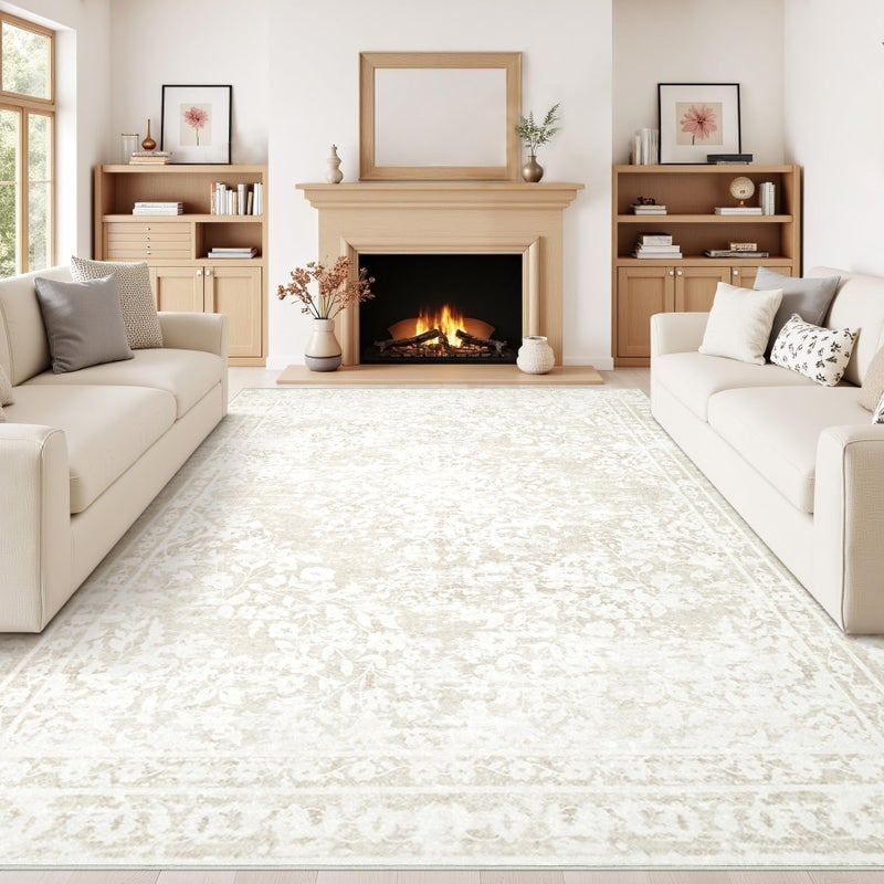 Aoyaomi Vintage Living Room Area Rug - 8x10 Large Machine Washable Boho Area Rug Distressed Floral Rugs for Bedroom, Soft Non-Slip Indoor Floor Accent Rugs for Office Dining Room (Cream Beige, 8'x10') - Image 2