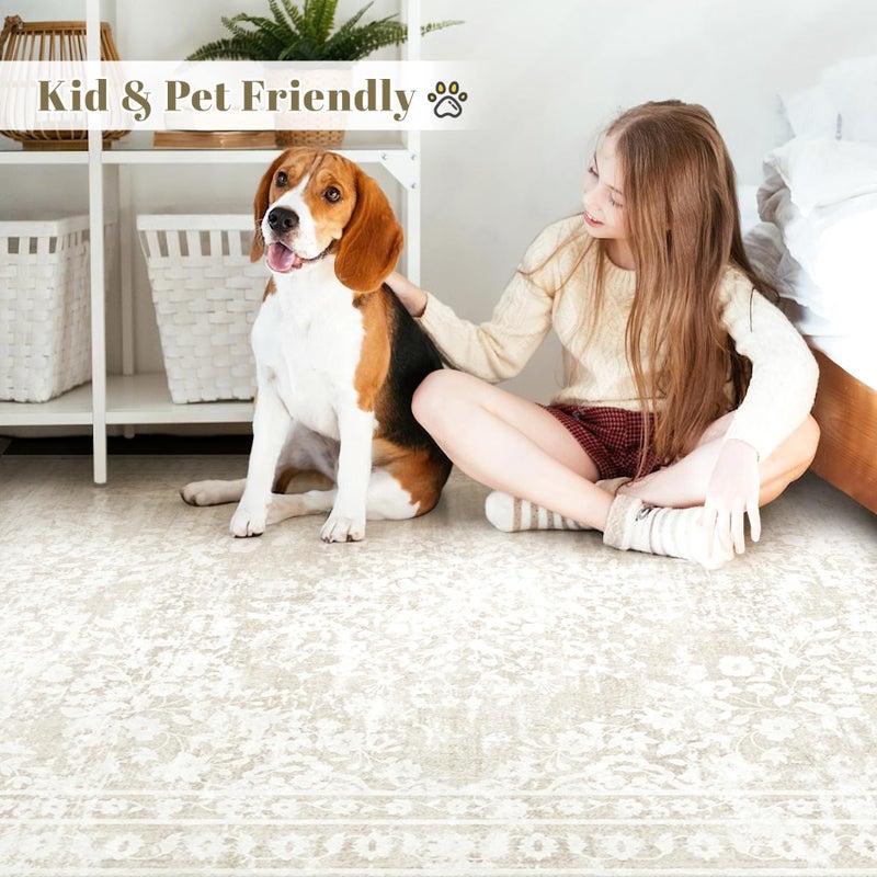 Aoyaomi Vintage Living Room Area Rug - 8x10 Large Machine Washable Boho Area Rug Distressed Floral Rugs for Bedroom, Soft Non-Slip Indoor Floor Accent Rugs for Office Dining Room (Cream Beige, 8'x10') - Image 3