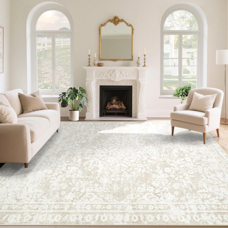Aoyaomi Vintage Living Room Area Rug - 8x10 Large Machine Washable Boho Area Rug Distressed Floral Rugs for Bedroom, Soft Non-Slip Indoor Floor Accent Rugs for Office Dining Room (Cream Beige, 8'x10') - Image 1