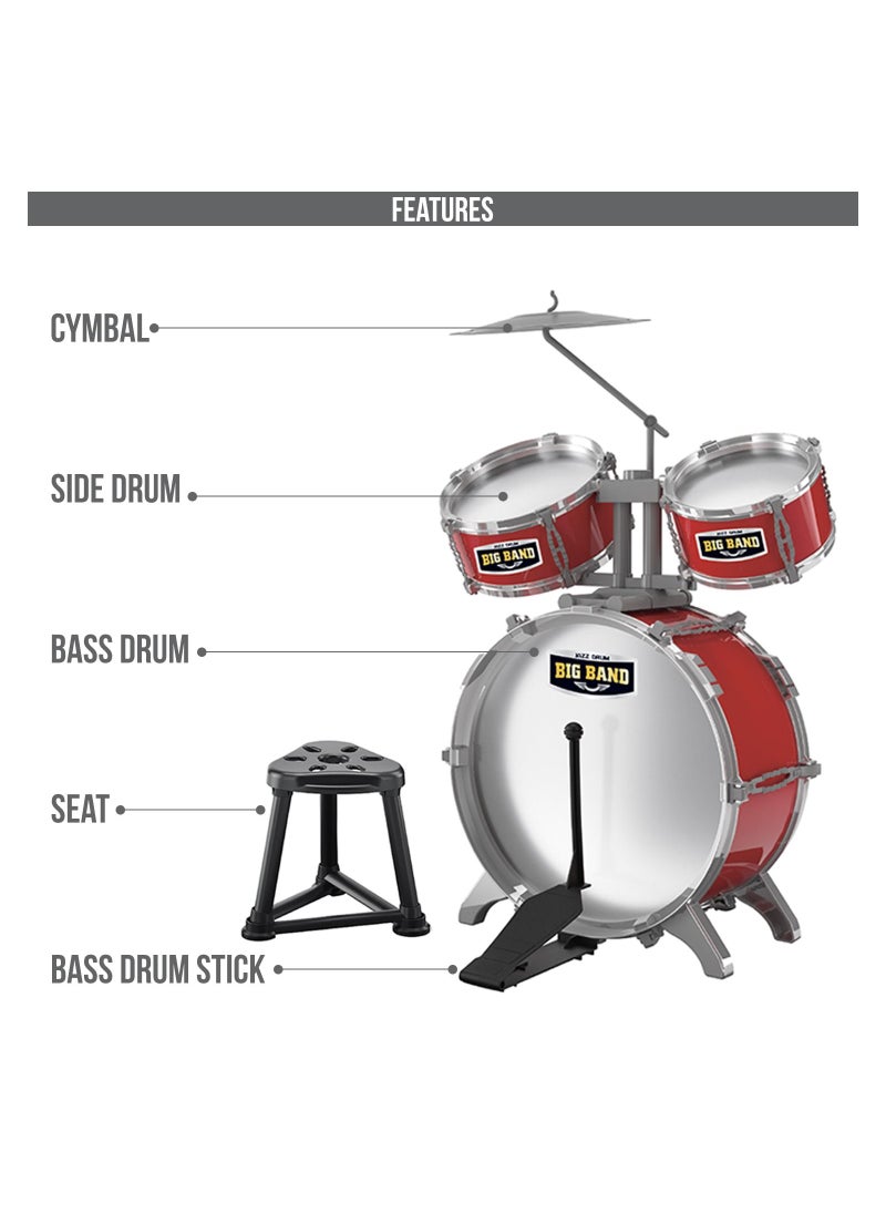 Little Story Kids Drum Set Musical Instrument With Stool- Red  - Image 2