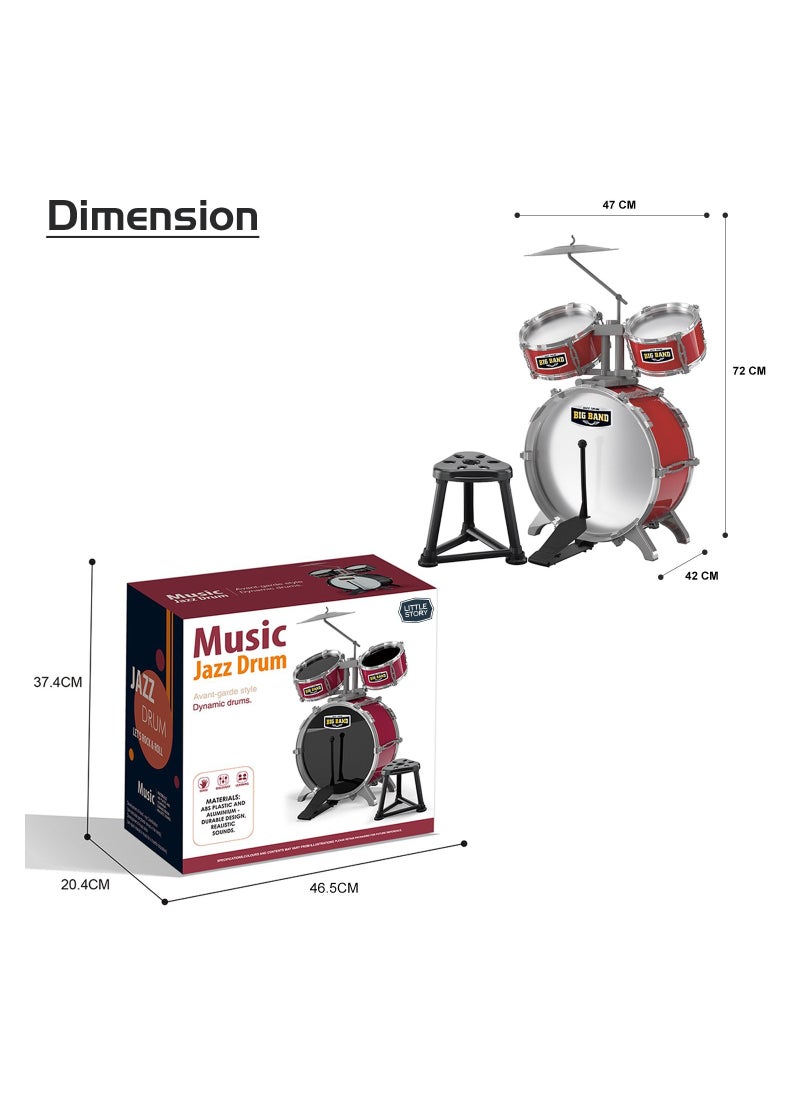Little Story Kids Drum Set Musical Instrument With Stool- Red  - Image 5